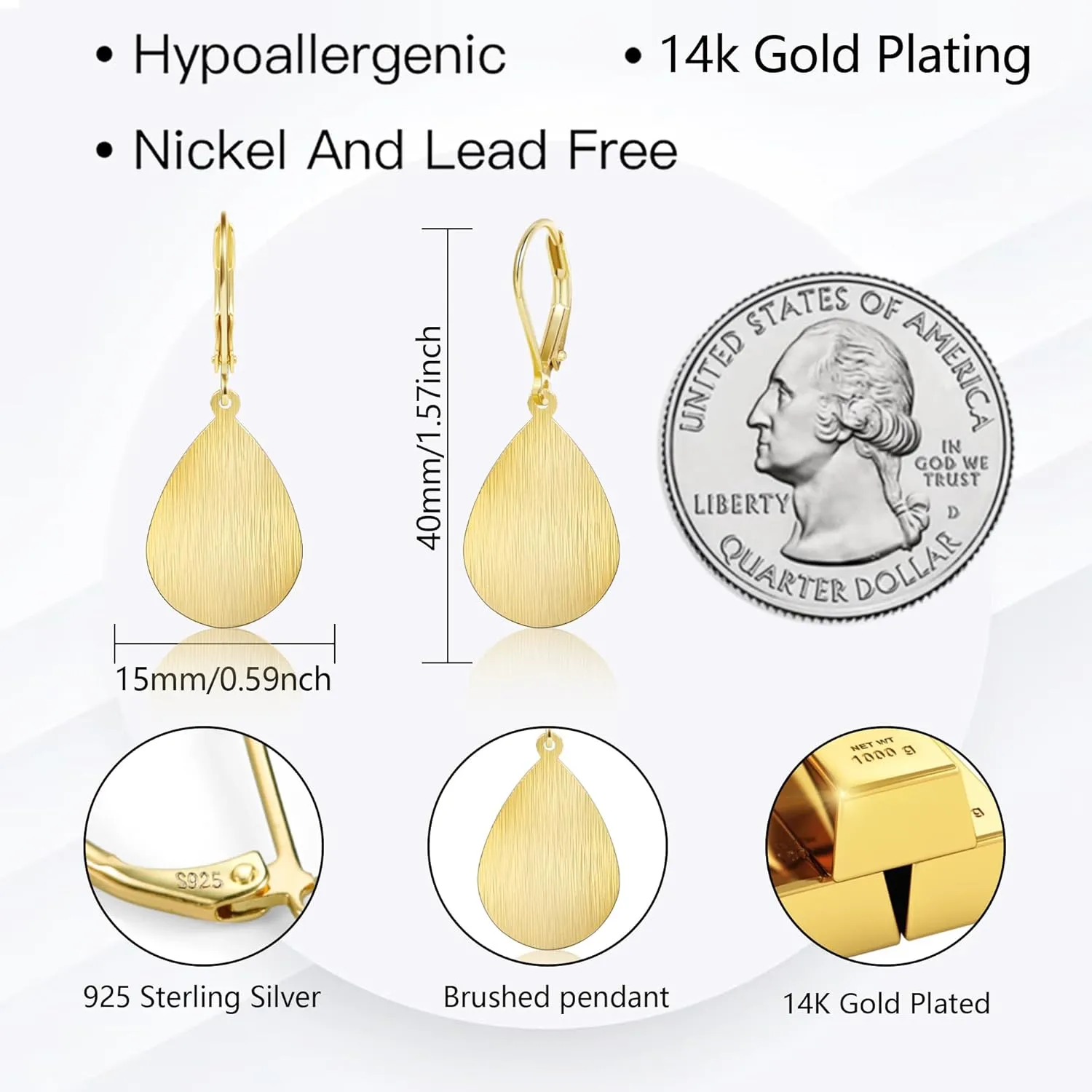 14K Gold Dangle Earrings for WomenLightweight Circle Disc Coin Geometric Flat Brushed Drop Earrings, Hypoallergenic Leverback Earrings S925 Jewelry