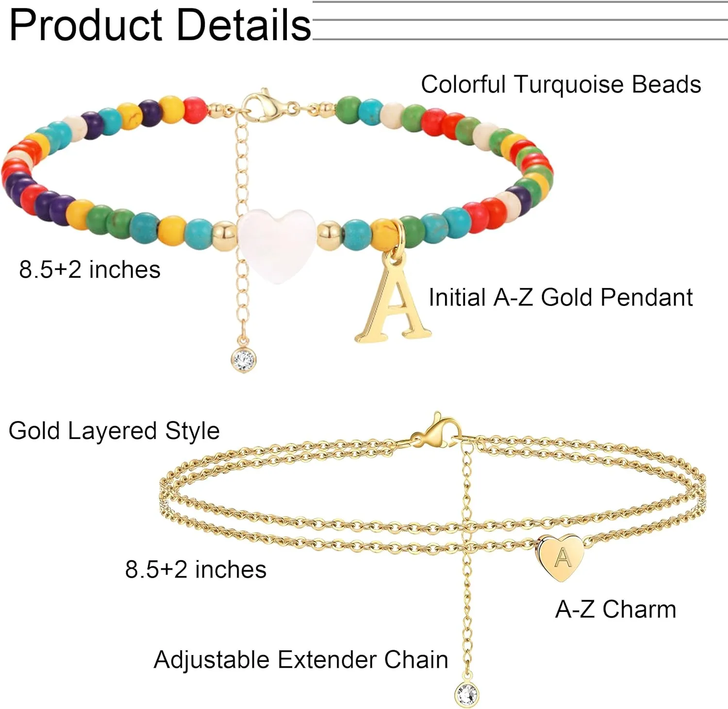 2Pcs Ankle Bracelets for Women Initial Beaded Gold Plated Boho Shell Layered Anklet Bracelets Summer Beach Chain Letter A-Z