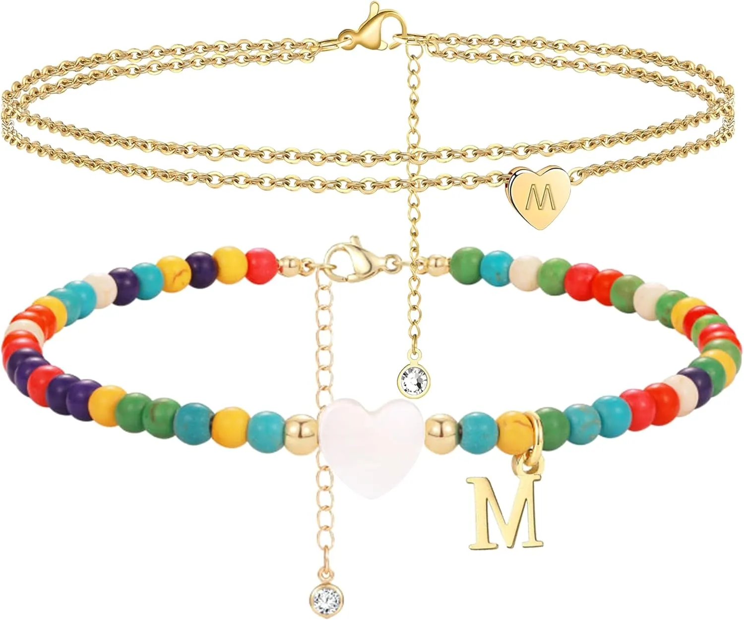 2Pcs Ankle Bracelets for Women Initial Beaded Gold Plated Boho Shell Layered Anklet Bracelets Summer Beach Chain Letter A-Z