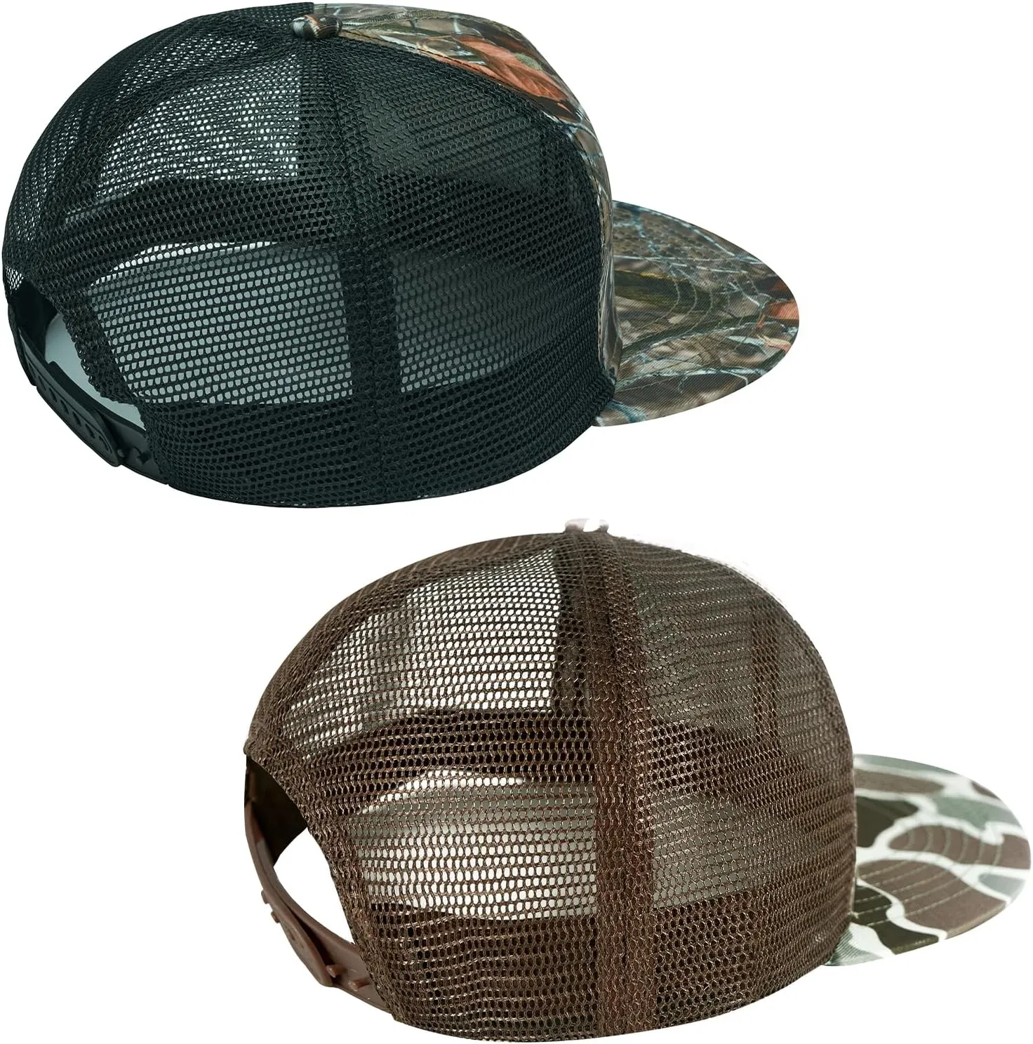 BASSDASH 2 Pack Flat Brim Trucker Cap Adjustable Snapback Hat Mesh Back for Men Women Fishing Hunting