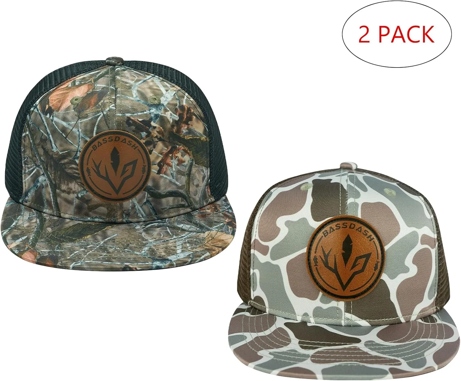 BASSDASH 2 Pack Flat Brim Trucker Cap Adjustable Snapback Hat Mesh Back for Men Women Fishing Hunting