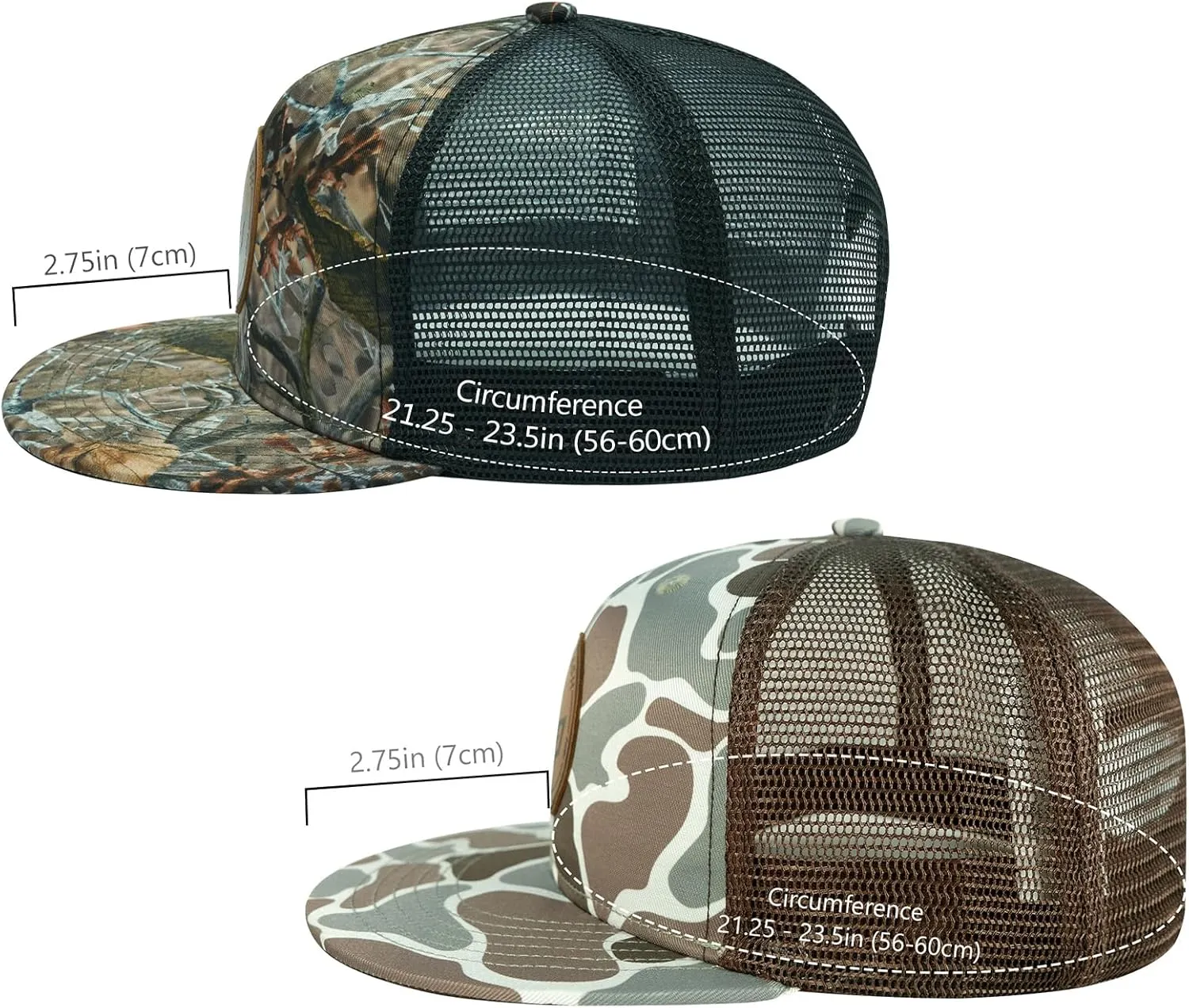 BASSDASH 2 Pack Flat Brim Trucker Cap Adjustable Snapback Hat Mesh Back for Men Women Fishing Hunting