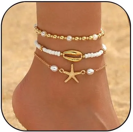 Beaded Anklet Bracelets for women Boho Beaded Anklet Shell Starfish Beach Charm Anklets Foot Jewelry for Women