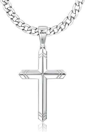 Besteel 925 Sterling Silver Cross Necklace for Men Women, 5MM Durable Stainless Steel Diamond Cut Cuban Link Curb Chain with Silver Cross Pendant, Mens Cross Crucifix Necklaces Jewelry 16-30 Inches