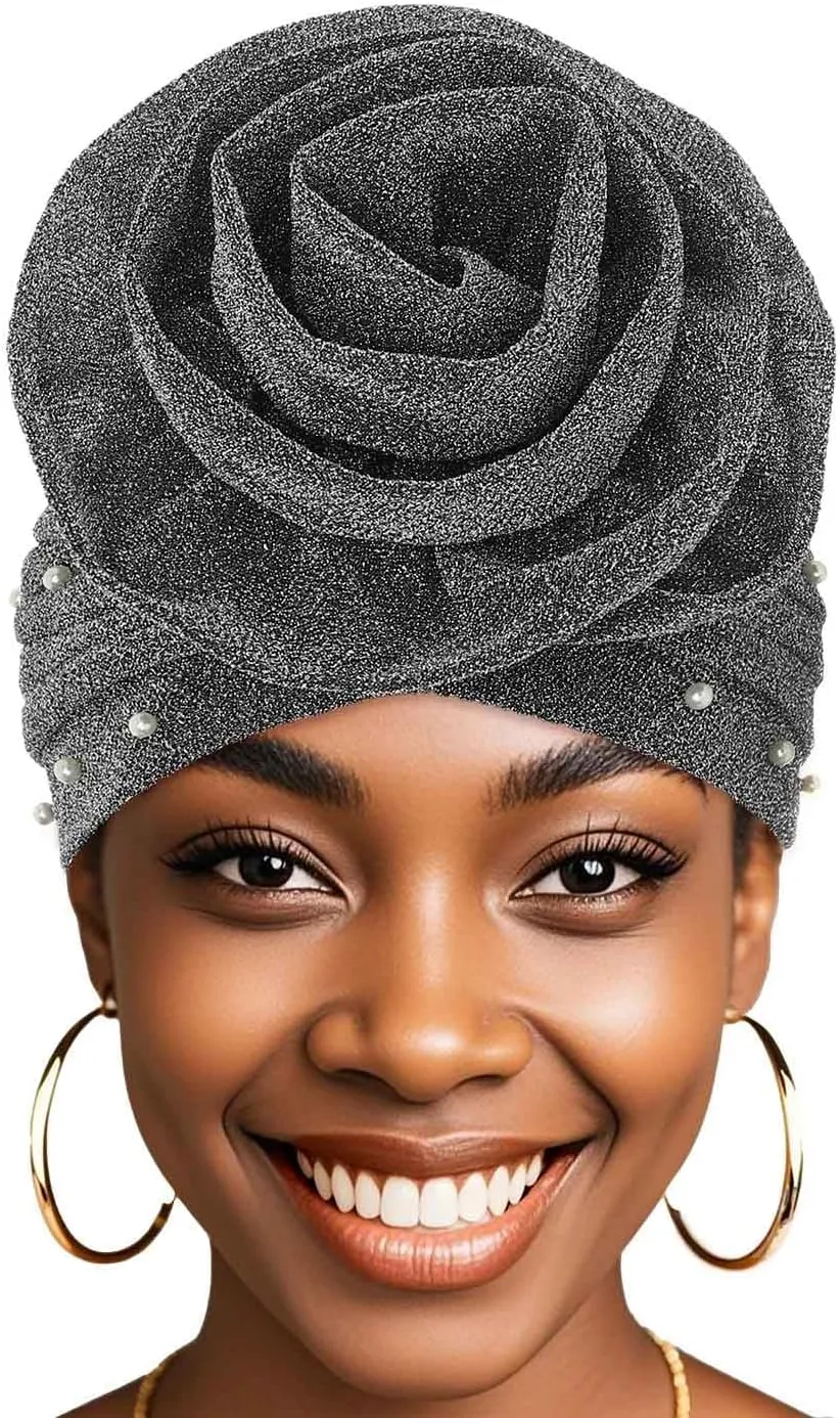 Bohend Big Flower Glitter Pleated Headwrap Cap Pearl Pre Tied Turbans Beanie Knotted Bonnet Stretch Headscarf Hat Women