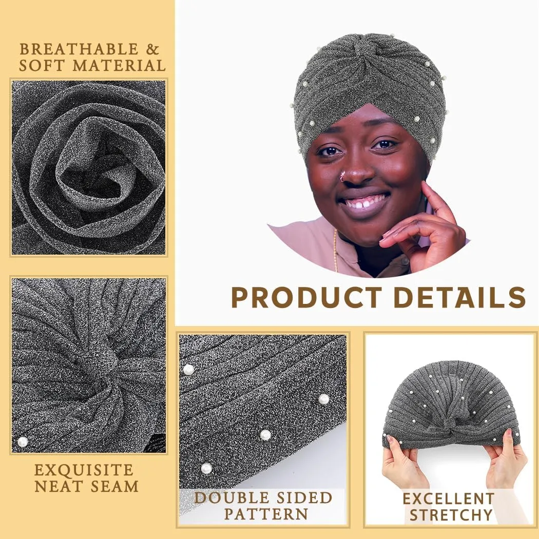 Bohend Big Flower Glitter Pleated Headwrap Cap Pearl Pre Tied Turbans Beanie Knotted Bonnet Stretch Headscarf Hat Women