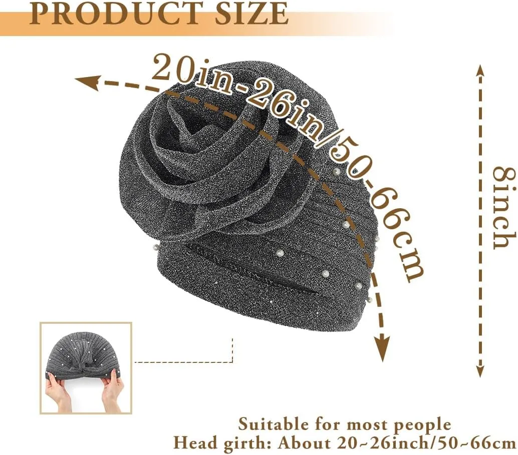 Bohend Big Flower Glitter Pleated Headwrap Cap Pearl Pre Tied Turbans Beanie Knotted Bonnet Stretch Headscarf Hat Women