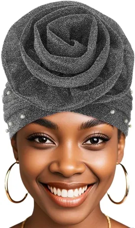 Bohend Big Flower Glitter Pleated Headwrap Cap Pearl Pre Tied Turbans Beanie Knotted Bonnet Stretch Headscarf Hat Women