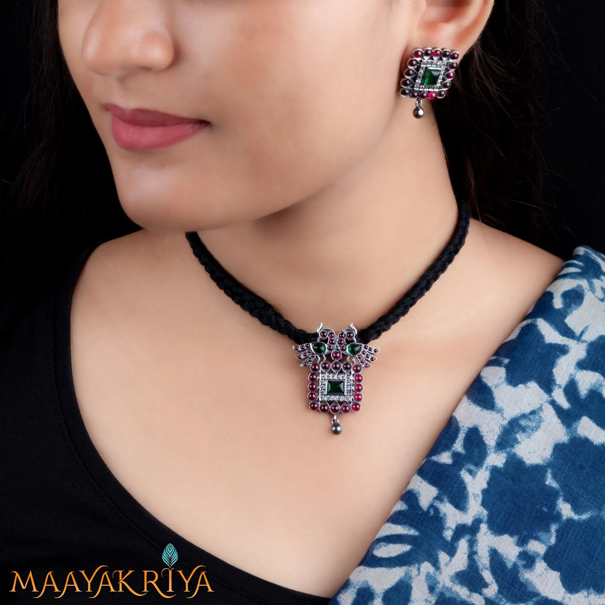 Chathurashra Peacock Pendant Set