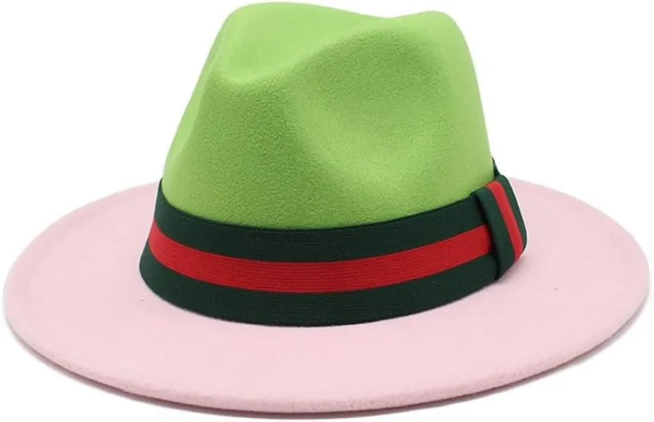 DHAEY Two Color Patchwork Woolen Hat Black Red Color Matching Flat Brim Hat Fashion Men and Women Imitation Wool Felt Hat Luopan Caps & Hats(Fruit Green Pink)