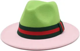 DHAEY Two Color Patchwork Woolen Hat Black Red Color Matching Flat Brim Hat Fashion Men and Women Imitation Wool Felt Hat Luopan Caps & Hats(Fruit Green Pink)