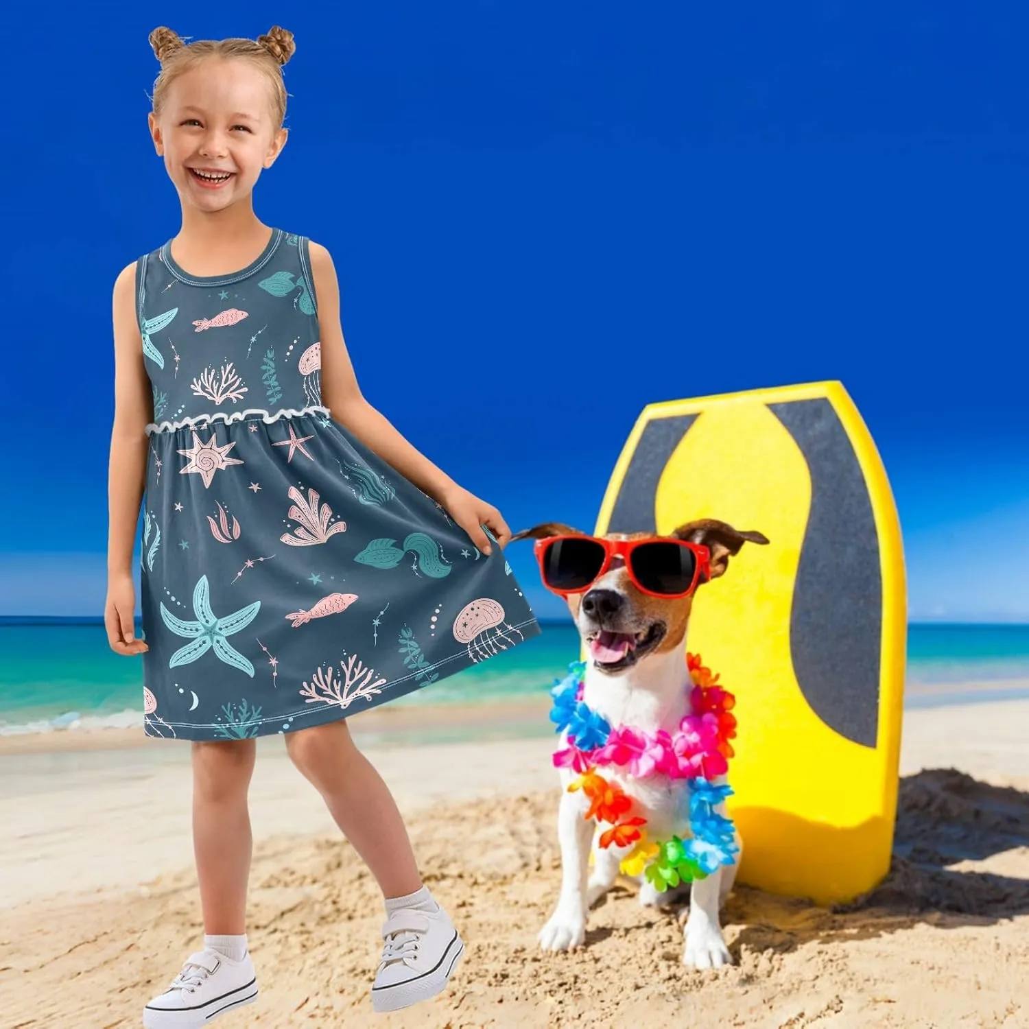 Fashion Girls Dress Cute Pattern Sleeveless Summer Casual Sundress A-line Dress 2T-8Y