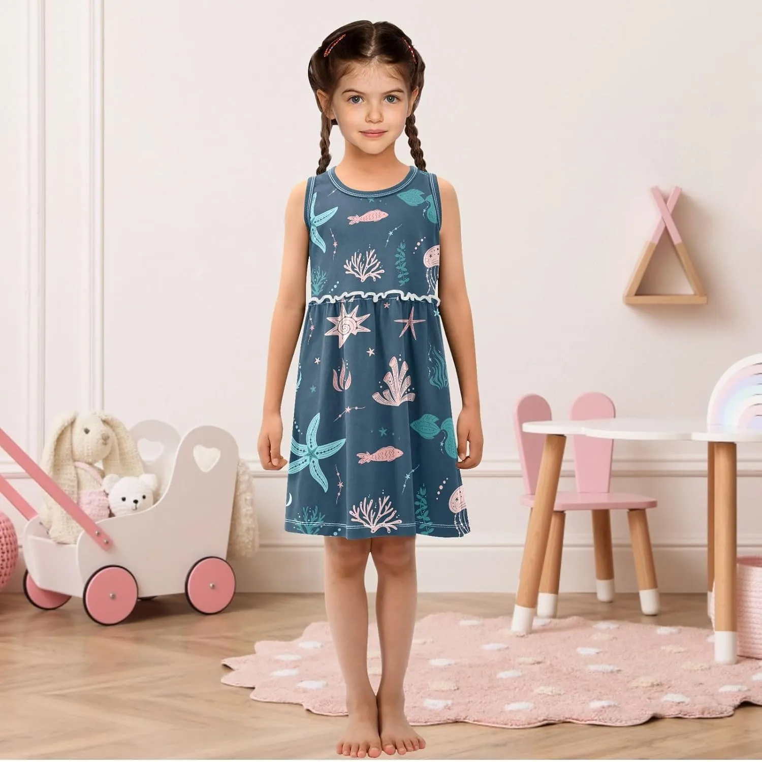 Fashion Girls Dress Cute Pattern Sleeveless Summer Casual Sundress A-line Dress 2T-8Y