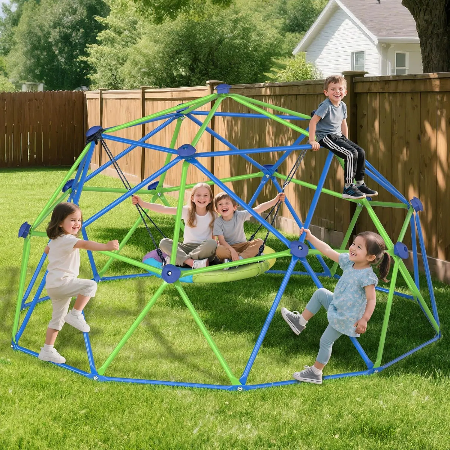 GIKPAL Climbing Dome, 10FT Dome Climber with Canopy Monkey Bars for Kids 3 to 10 Outdoor Play Equipment, Supports up to 1000lbs Jungle Gym, Anti-Rust, Easy Assembly, Gift for Kids - Blue Green