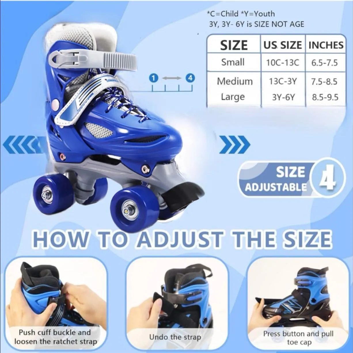 Inline Skates, Red and Blue, Adjustable Size for Boys and Girls.
