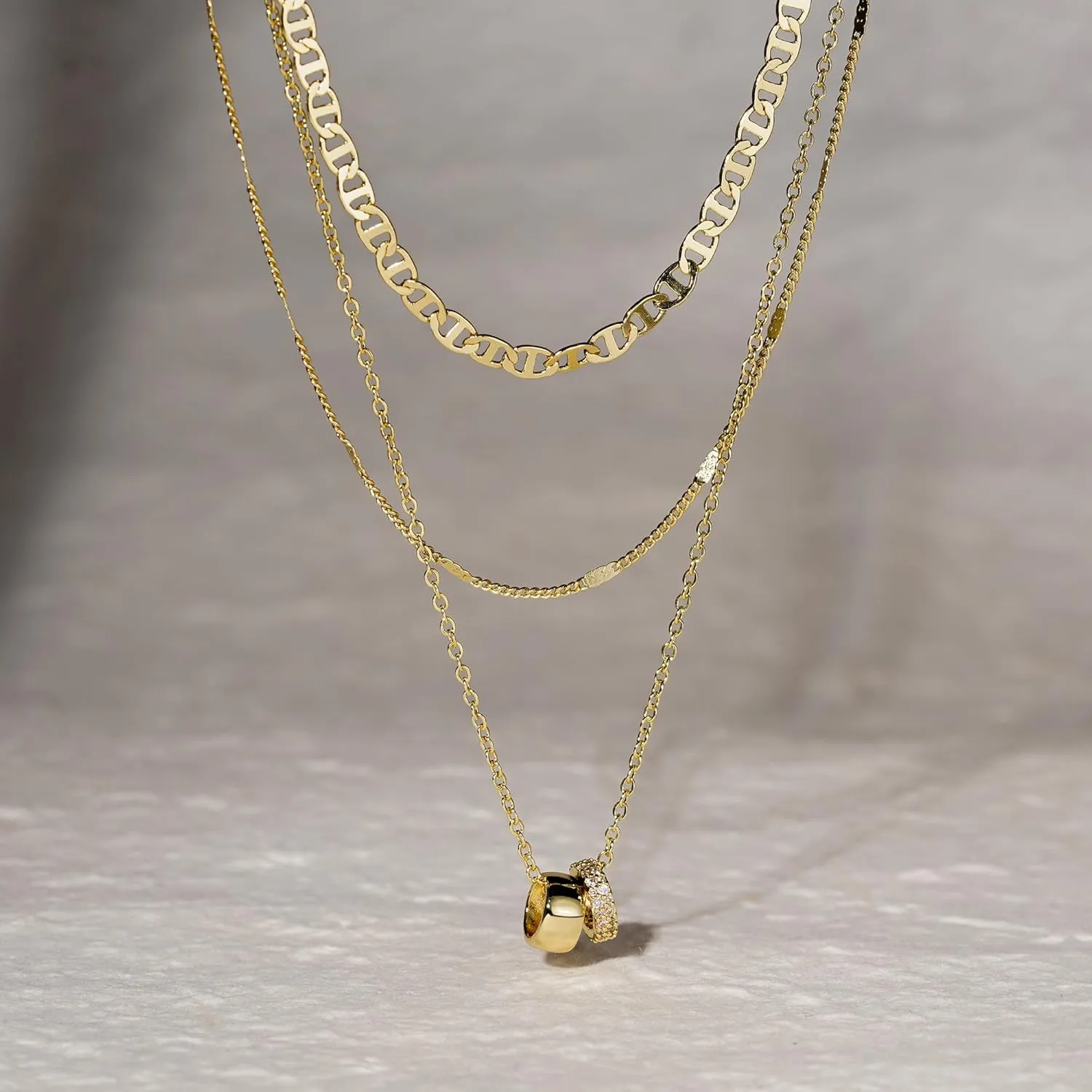Layered Necklaces for Women - 14K Gold Plated Necklace, Dainty 3Pcs Layered Stacked Necklace, Circle Chain Necklaces, Non Tarnish Waterproof Jewelry, Birthday Gifts Mothers Day Gift