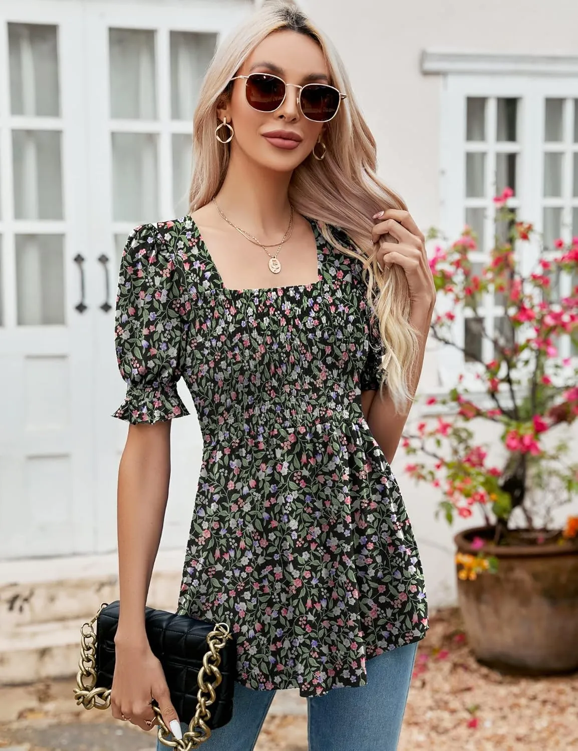 LOMON Women's Tunics Square Neck Puff Short Sleeve Smocked Top Ladies Peplum Blouse Tee Shirts 2025 Spring Summer S-XL
