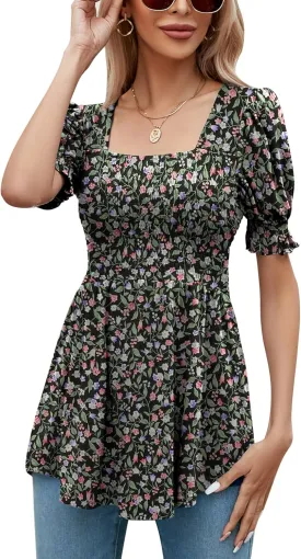 LOMON Women's Tunics Square Neck Puff Short Sleeve Smocked Top Ladies Peplum Blouse Tee Shirts 2025 Spring Summer S-XL