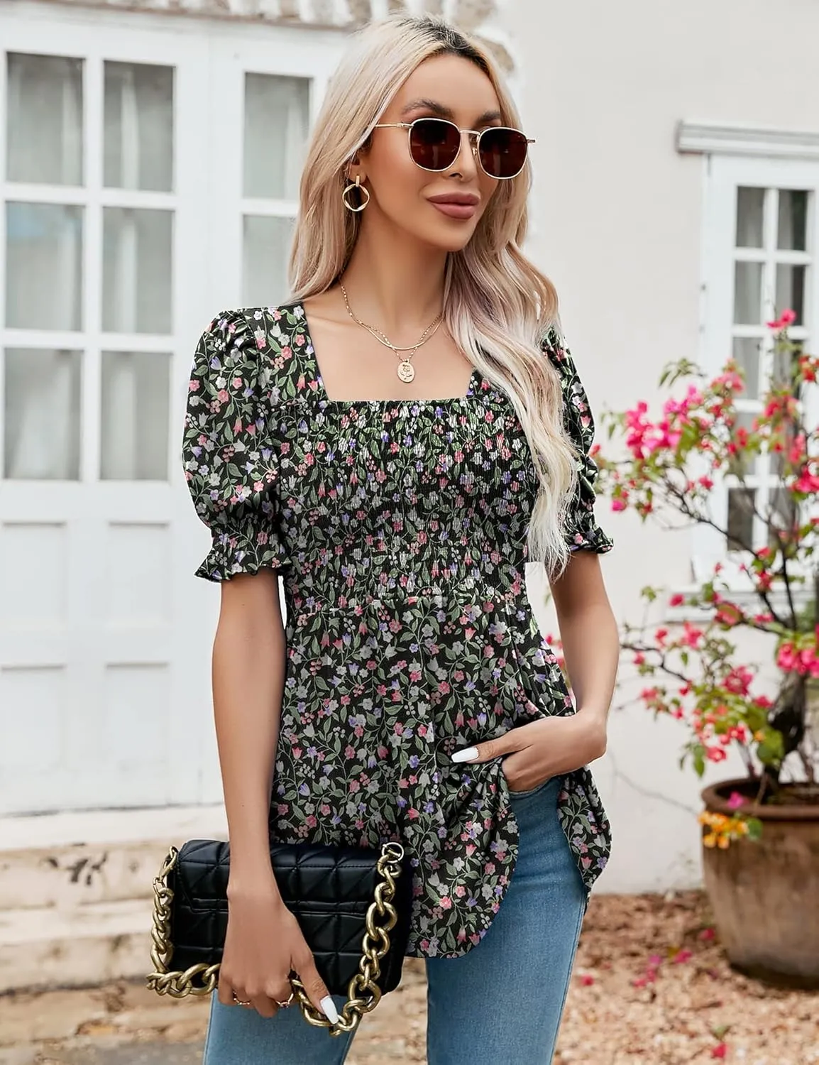 LOMON Women's Tunics Square Neck Puff Short Sleeve Smocked Top Ladies Peplum Blouse Tee Shirts 2025 Spring Summer S-XL