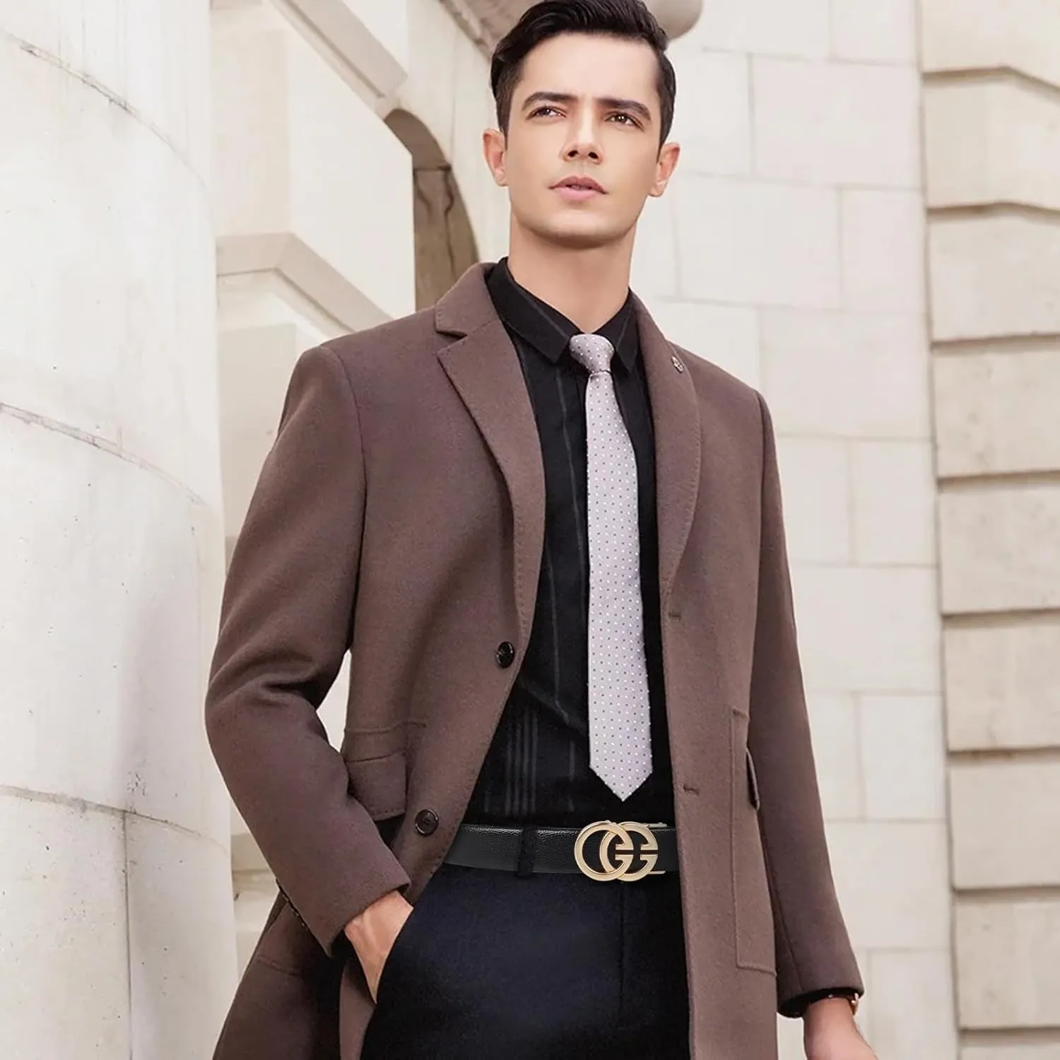 Men&Womens Leather Dress Belt Business Automatic Buckle Belt Color-Black Silver Gold