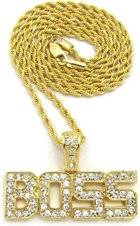 MENS ICED OUT BOSS PENDANT GOLD BOX CUBAN ROPE CHAIN HIP HOP NECKLACE