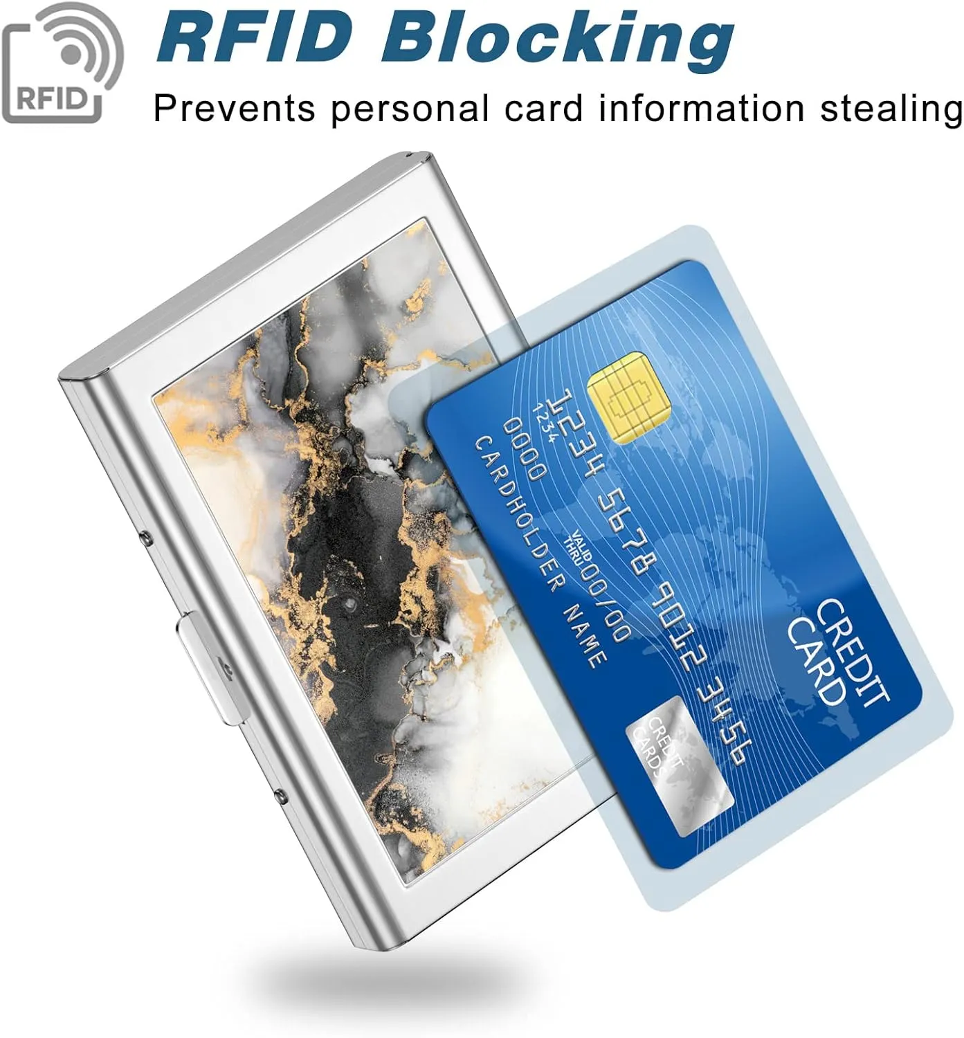 Rimilak Metal Credit Card Holder, Mini Credit Card Wallet RFID Blocking Slim Metal Hard Case for Women Men, Black Gold Mable