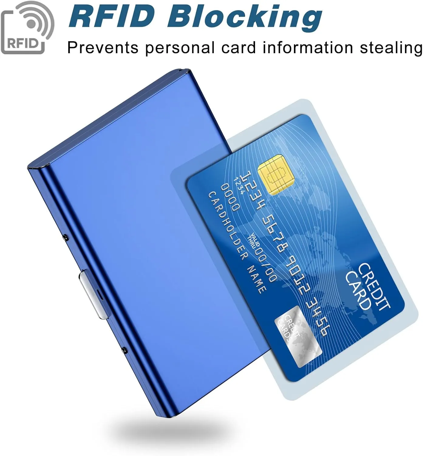 Rimilak Metal Credit Card Holder, Mini Credit Card Wallet RFID Blocking Slim Metal Hard Case for Women Men, Blue