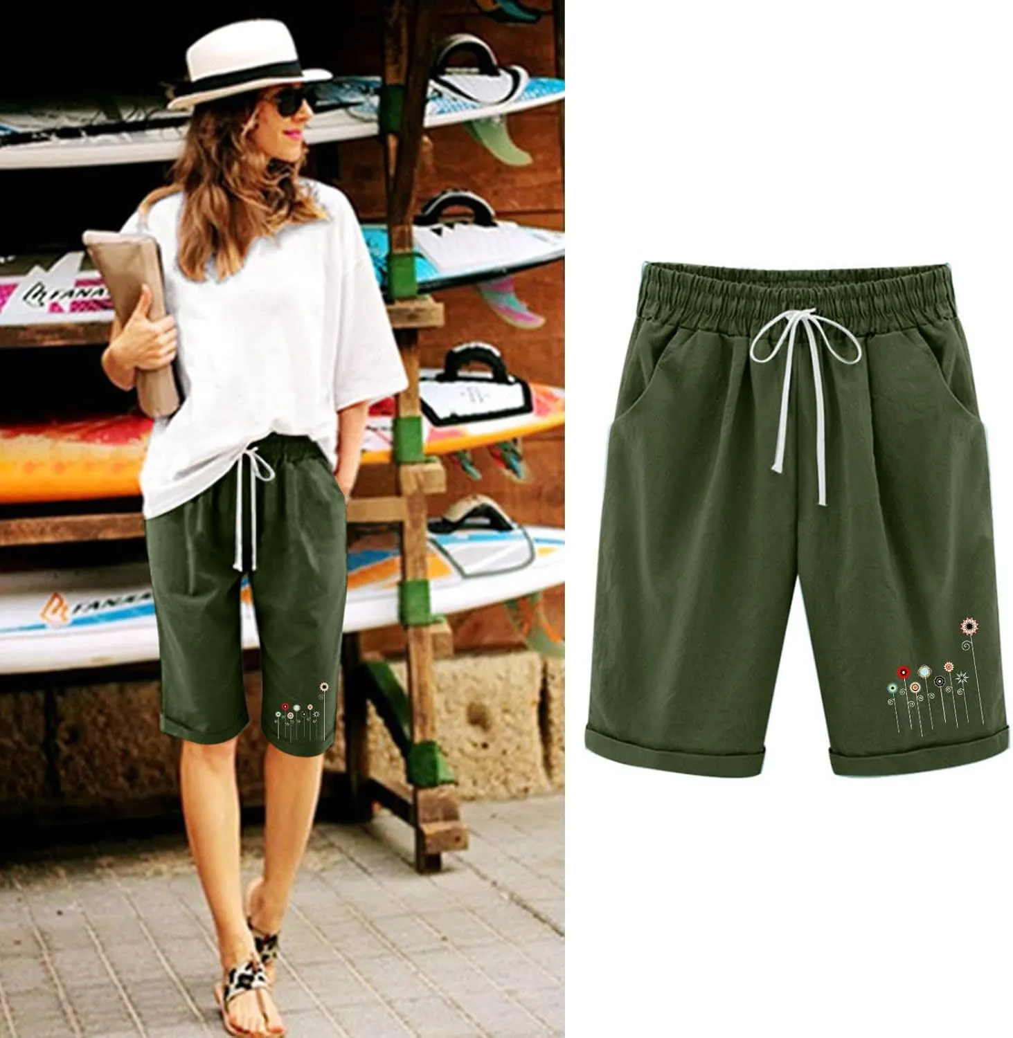 SHAOBGE Shorts for Women Trendy Summer 2024 Beach Drawstring Knee Length Shorts Loose Fit Resort Wear Fashion Clothes