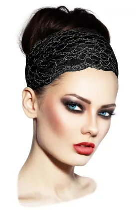 ShariRose Black Lace Headband for Women Hair Accessories For Women Stretch Lace Vintage Floral Headband Makeup Headband Hairbands Handmade Quality Hairbands (Black silver lurex)