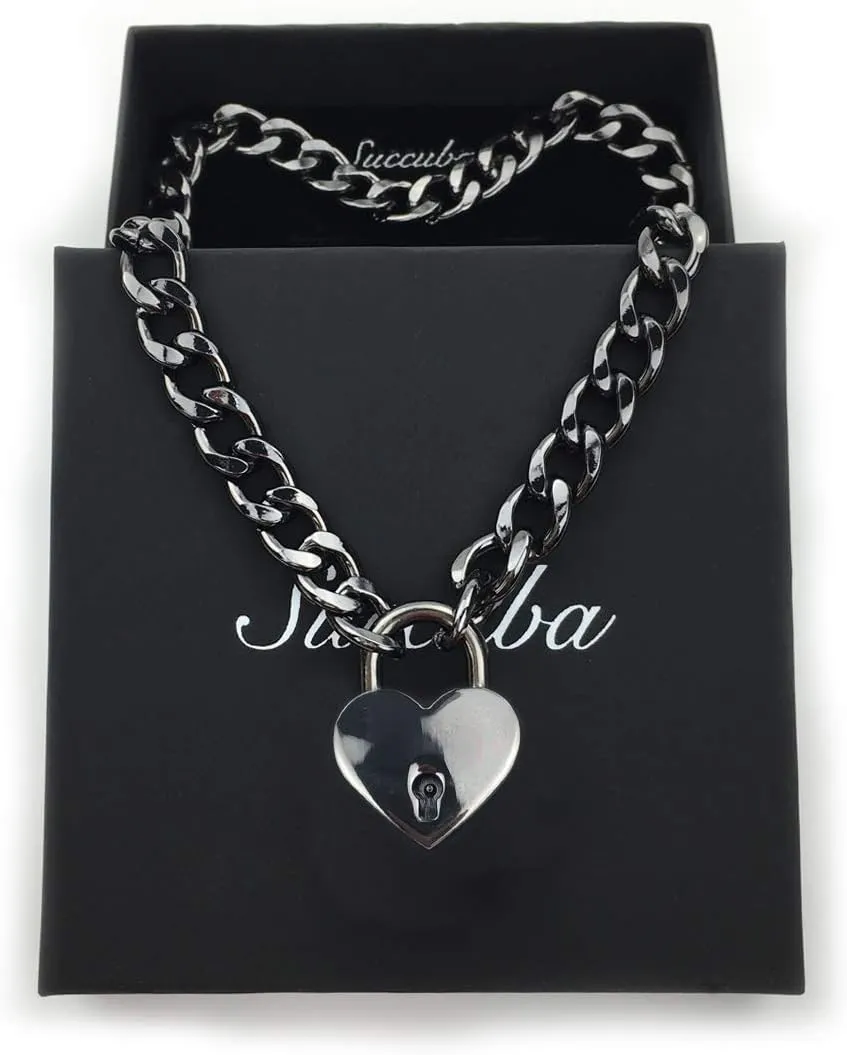 Succuba Padlock Necklace Chain Collar Choker with Two Keys and Box for Women, Men and Pet