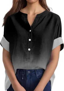 Summer Tops for Women Cotton Linen Button Down Shirts Henley Neck Short Sleeve Loose Casual Lightweight Tunic Blouses