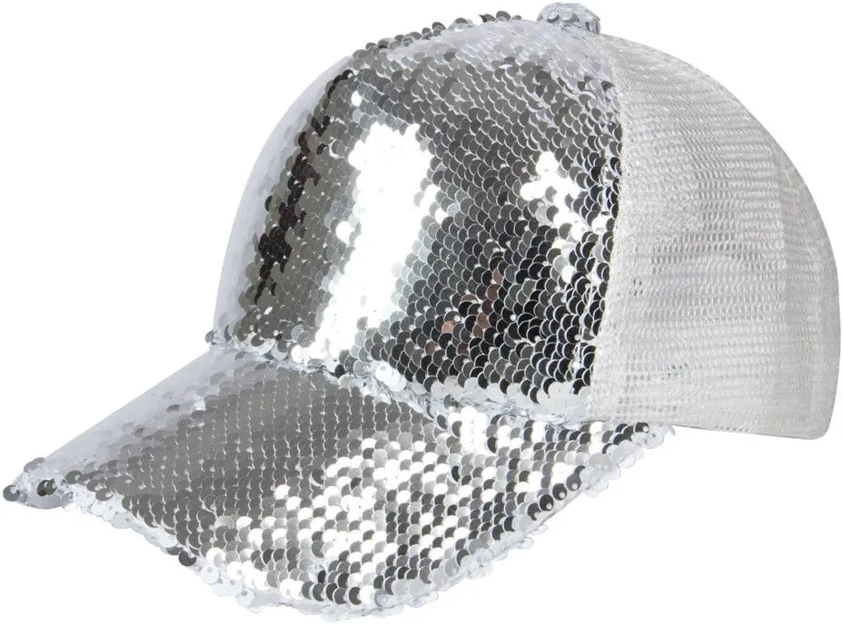 Summer Womens Baseball Cap Sequins Fedora Hat (Silver)