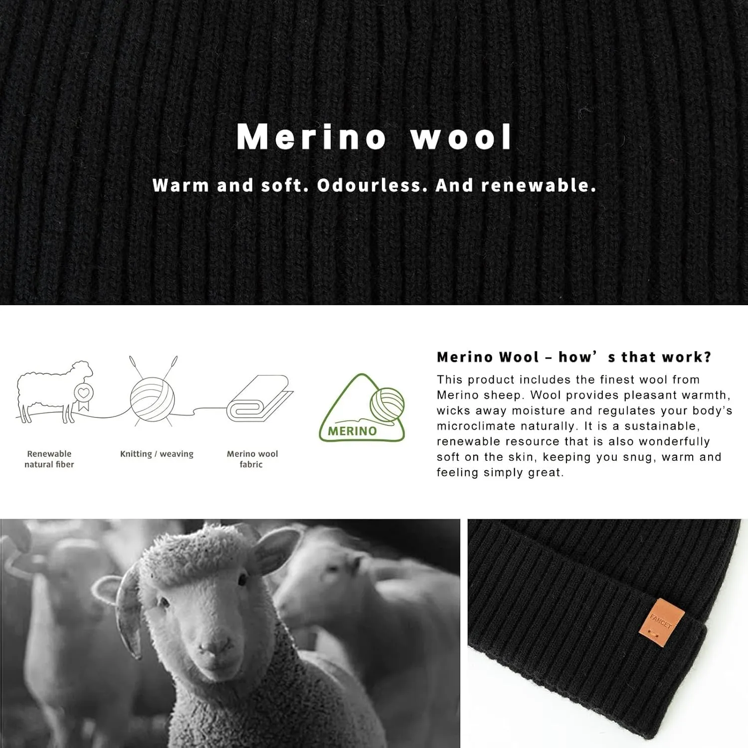 TOP-EX Oversized M L XL XXL 100% Merino Wool Beanie with Fleece Lining Cold Weather Winter Hat Big Head