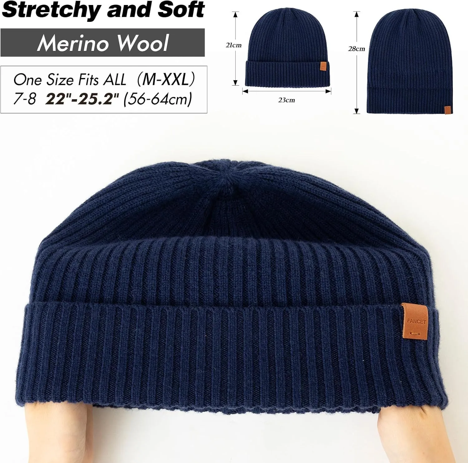 TOP-EX Oversized M L XL XXL 100% Merino Wool Beanie with Fleece Lining Cold Weather Winter Hat Big Head