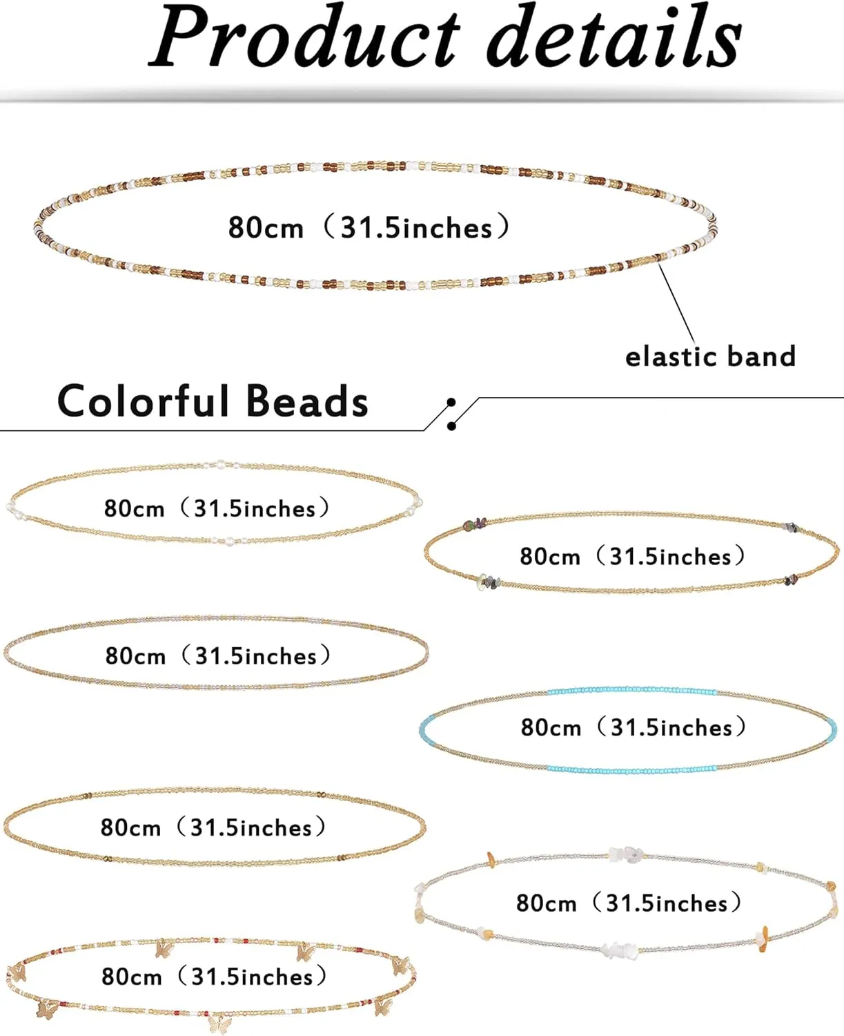 Tornito 8Pcs 31.5 Inches African Waist Bead Chain Elastic Belly Beads Butterfly Shell Layered Body Chain Colorful Jewelry Accessories for Women