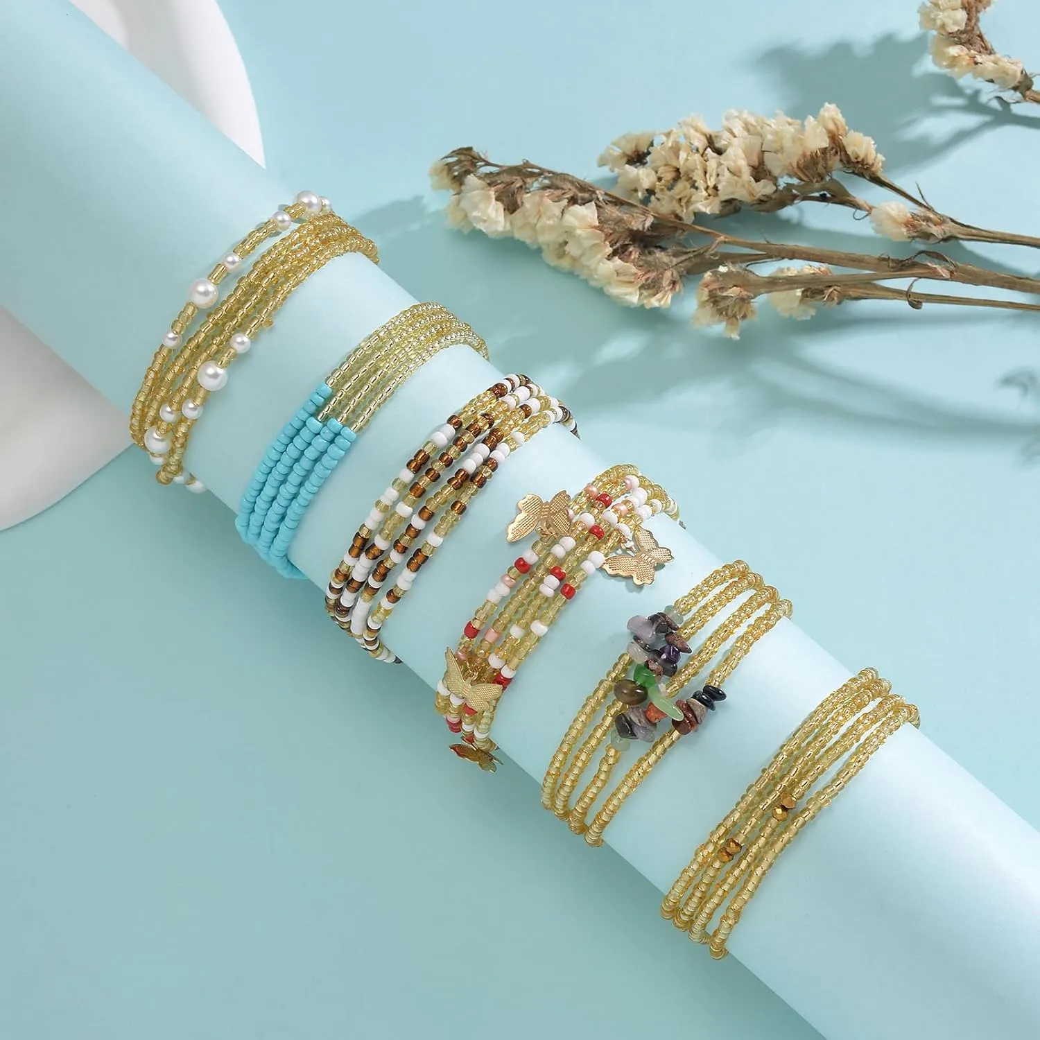 Tornito 8Pcs 31.5 Inches African Waist Bead Chain Elastic Belly Beads Butterfly Shell Layered Body Chain Colorful Jewelry Accessories for Women