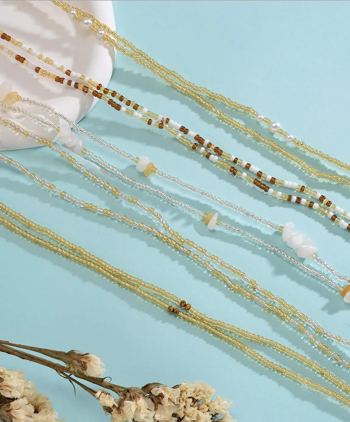 Tornito 8Pcs 31.5 Inches African Waist Bead Chain Elastic Belly Beads Butterfly Shell Layered Body Chain Colorful Jewelry Accessories for Women