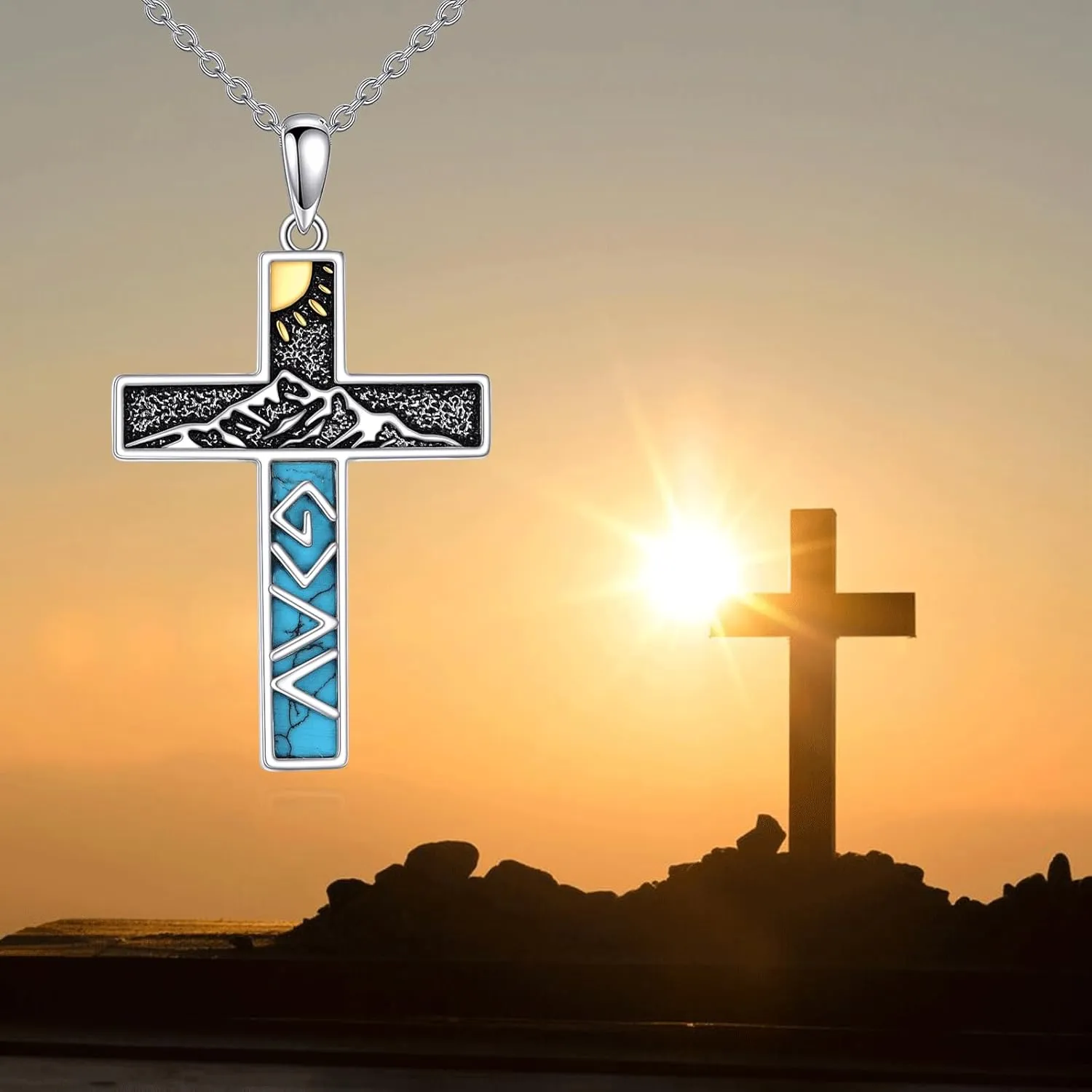 Turquoise Cross Necklace for Men Women S925 Sterling Silver Turquoise Pendant Necklaces Cross Jewelry Gifts