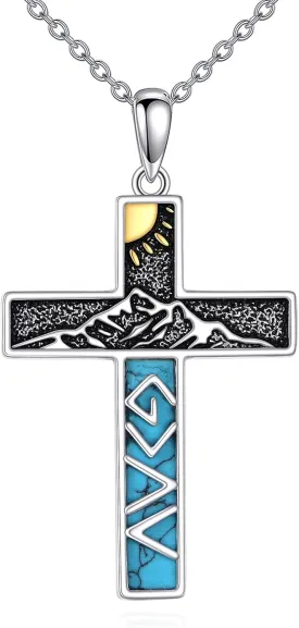 Turquoise Cross Necklace for Men Women S925 Sterling Silver Turquoise Pendant Necklaces Cross Jewelry Gifts