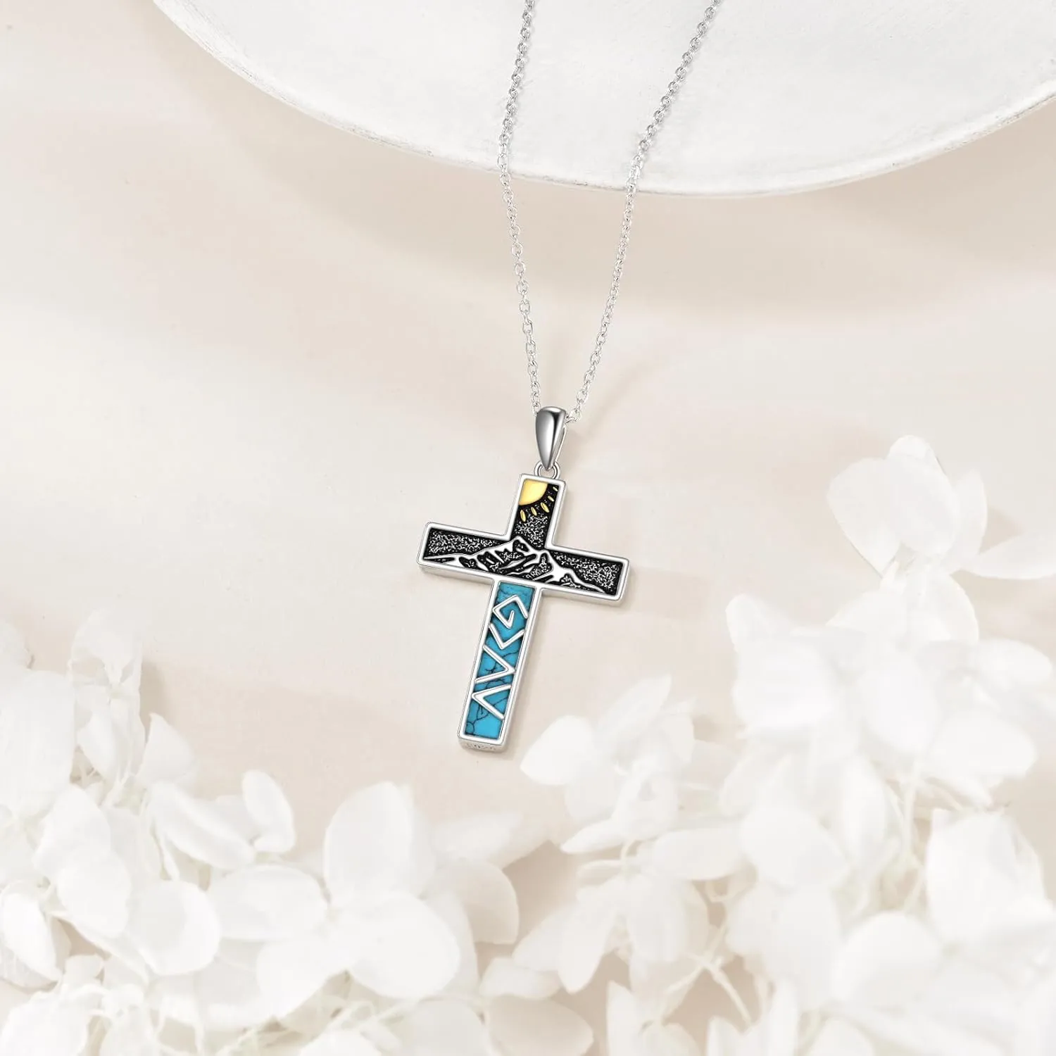 Turquoise Cross Necklace for Men Women S925 Sterling Silver Turquoise Pendant Necklaces Cross Jewelry Gifts