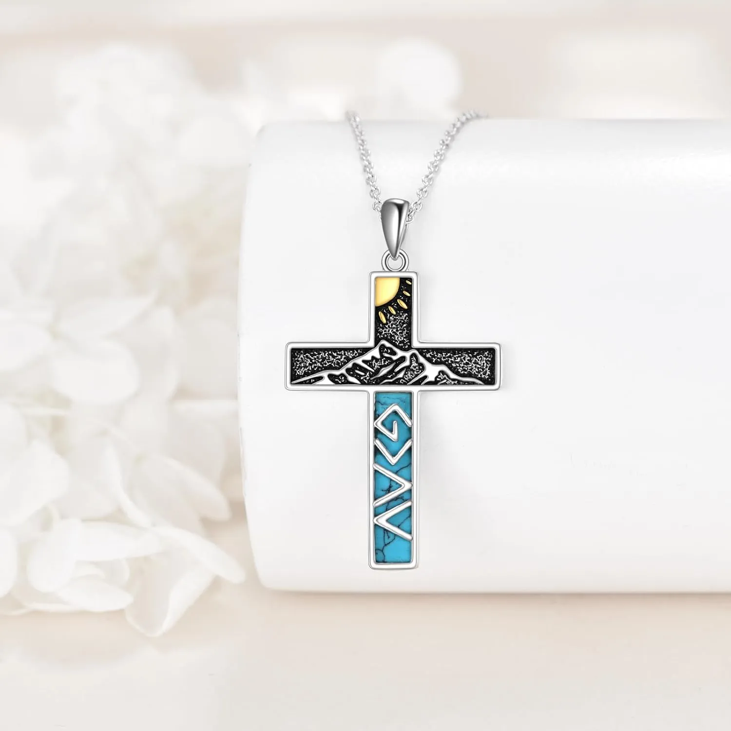 Turquoise Cross Necklace for Men Women S925 Sterling Silver Turquoise Pendant Necklaces Cross Jewelry Gifts