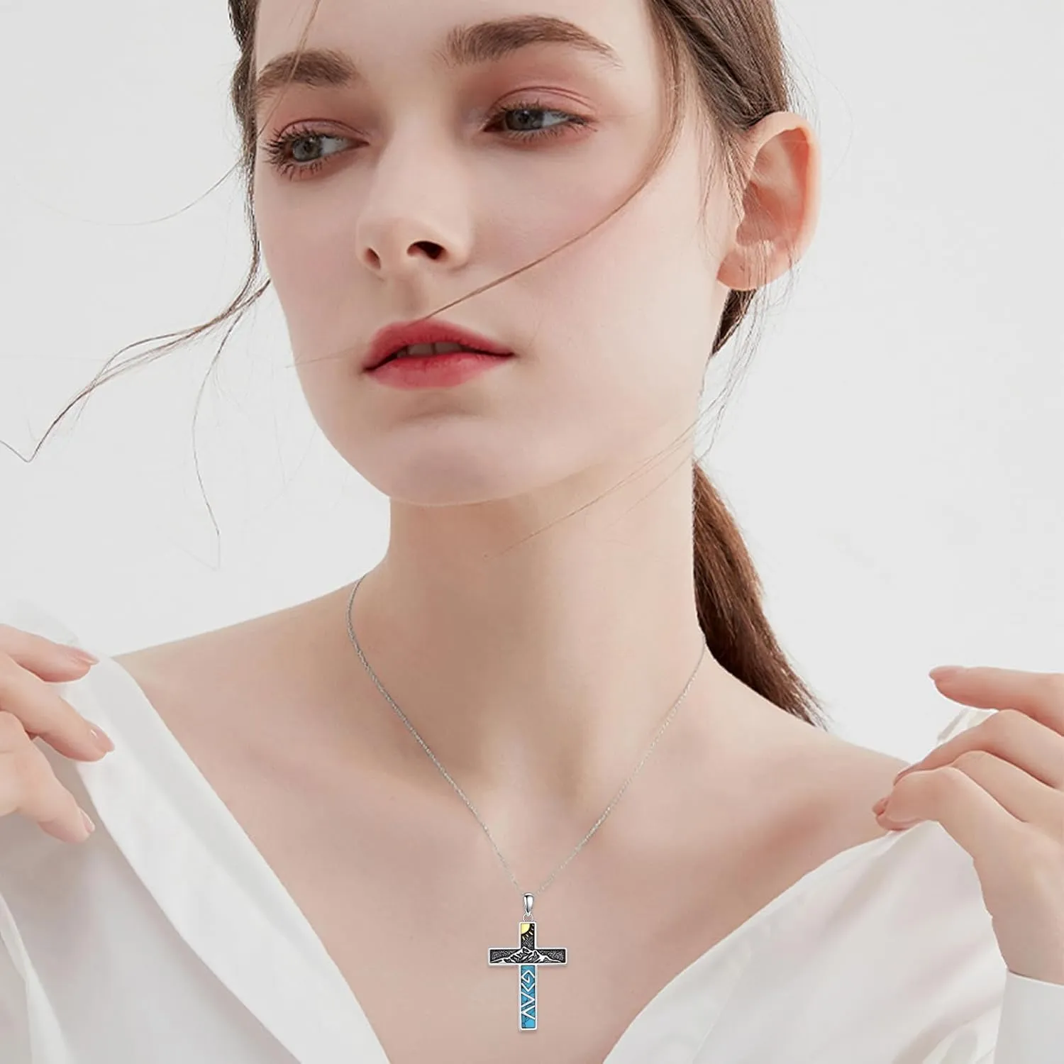 Turquoise Cross Necklace for Men Women S925 Sterling Silver Turquoise Pendant Necklaces Cross Jewelry Gifts