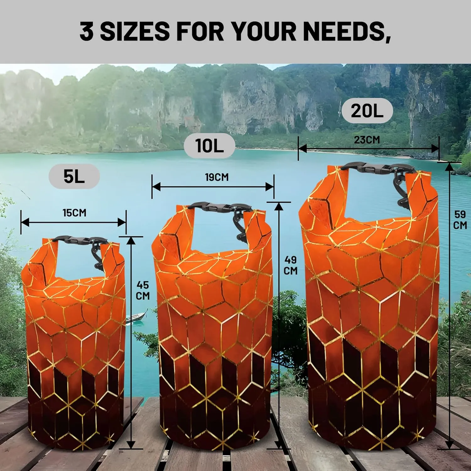Waterproof Dry Bag,Roll Top Geometric Ombre Small Waterproof Backpack 5L/10L/20L Floating and Lightweight Bags for Kayaking, Boating, Fishing, Swimming and Camping