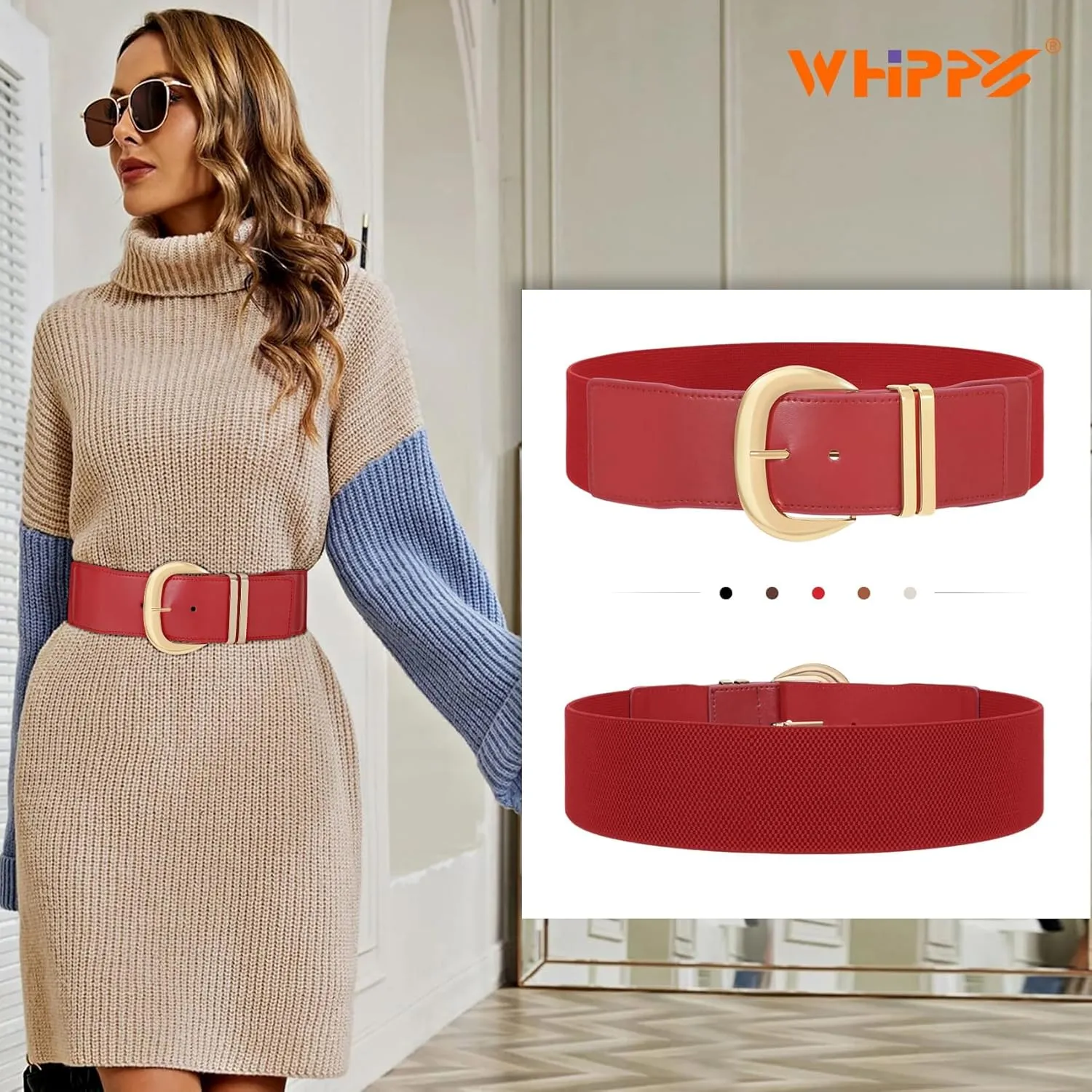 WHIPPY Women Wide Elastic Waist Belt for Dresses Fashion Gold Buckle Stretchy Leather Waistband for Ladies