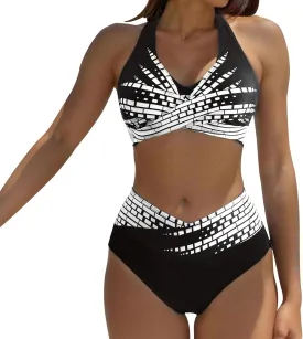 Women's Bikini Sets,Two Piece Swimsuit High Waisted Twist Front Adjustable Sporty Halter Bathing Suit