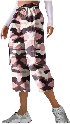 Womens Plus Size Cargo Capris Fashion Camouflage Elastic Waist Straight Leg Loose Sporting Capri Pants with Pockets