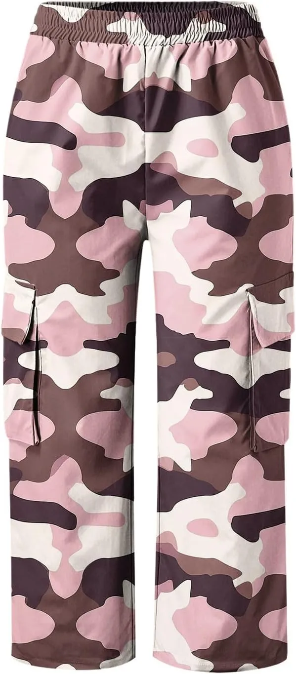 Womens Plus Size Cargo Capris Fashion Camouflage Elastic Waist Straight Leg Loose Sporting Capri Pants with Pockets