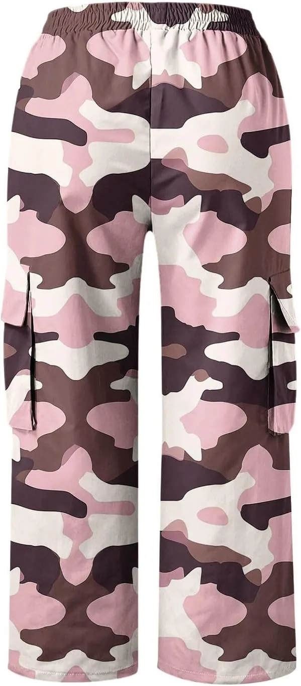 Womens Plus Size Cargo Capris Fashion Camouflage Elastic Waist Straight Leg Loose Sporting Capri Pants with Pockets