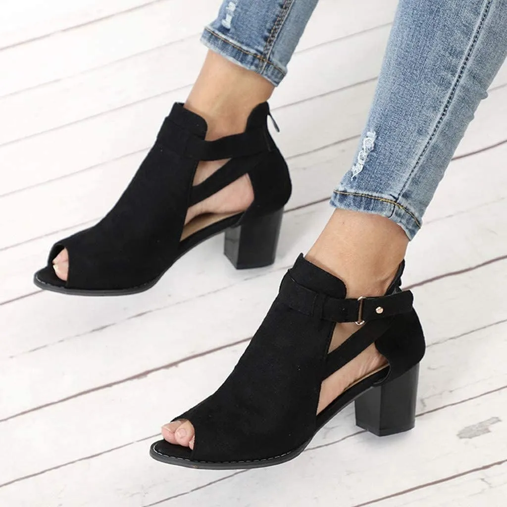 ZBYY Women's Suede Peep Toe Ankle Booties Cut Out Stacked Block Heel Ankle Boots Western Chelsea Booties for Women
