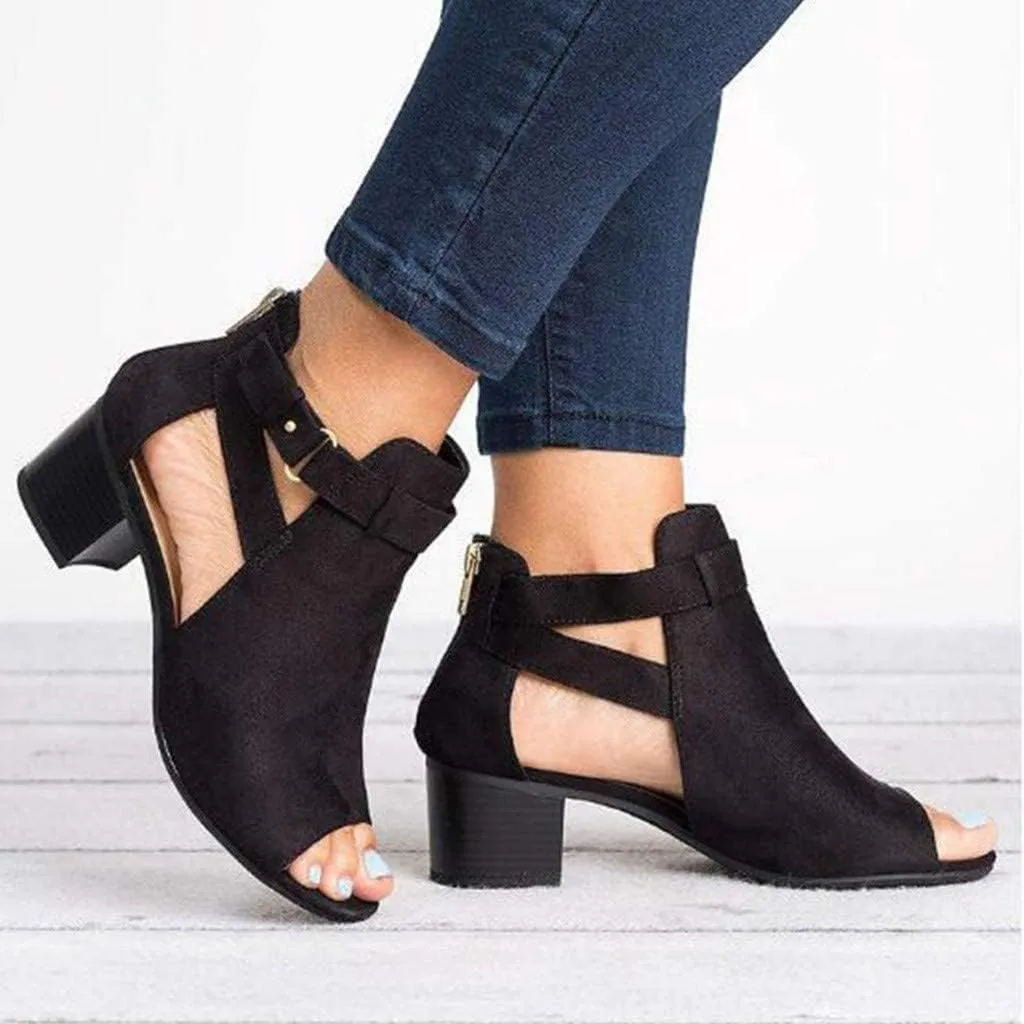 ZBYY Women's Suede Peep Toe Ankle Booties Cut Out Stacked Block Heel Ankle Boots Western Chelsea Booties for Women